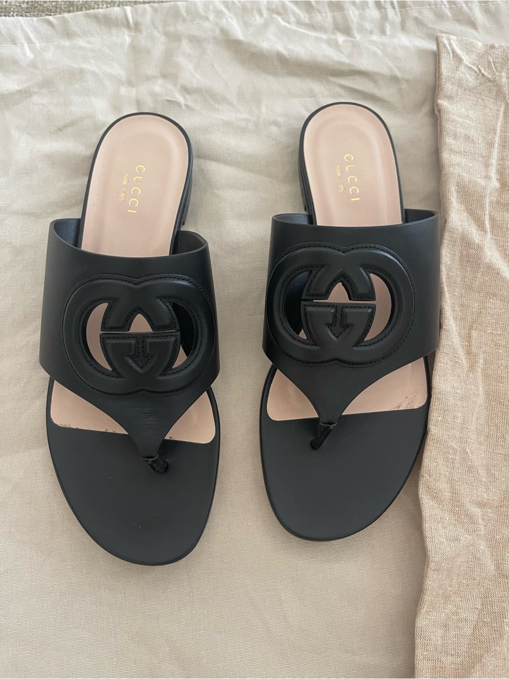 Gucci Black Leather GG Thong Sandals with Nude Insole